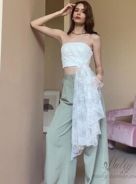 【泰国代购】设计师设计 Farmul 夏季蕾丝一字裹胸抹胸上衣长裤