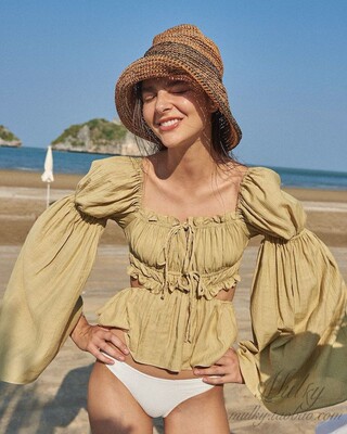 Pleased沙滩度假露腰泡泡袖衬衫