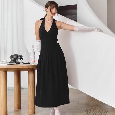 挂脖法式优雅气质连衣裙长裙