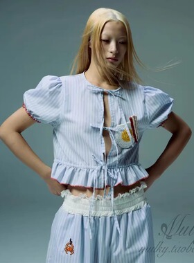 【泰国代购】设计师品牌 Blackdog 早餐鸡蛋虞书欣泡泡袖衬衫长裤