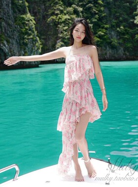 【泰国代购】设计师设计 Farmul 夏天花朵荷叶边不对称挂脖连衣裙