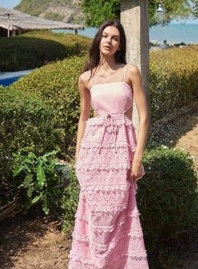 【泰国代购】设计师品牌 Pleased 度假吊带露背蕾丝连衣裙长裙