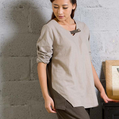 慈缘原创中国风上衣女盘扣拼色女装民族风禅茶服秋装女衬衫30507