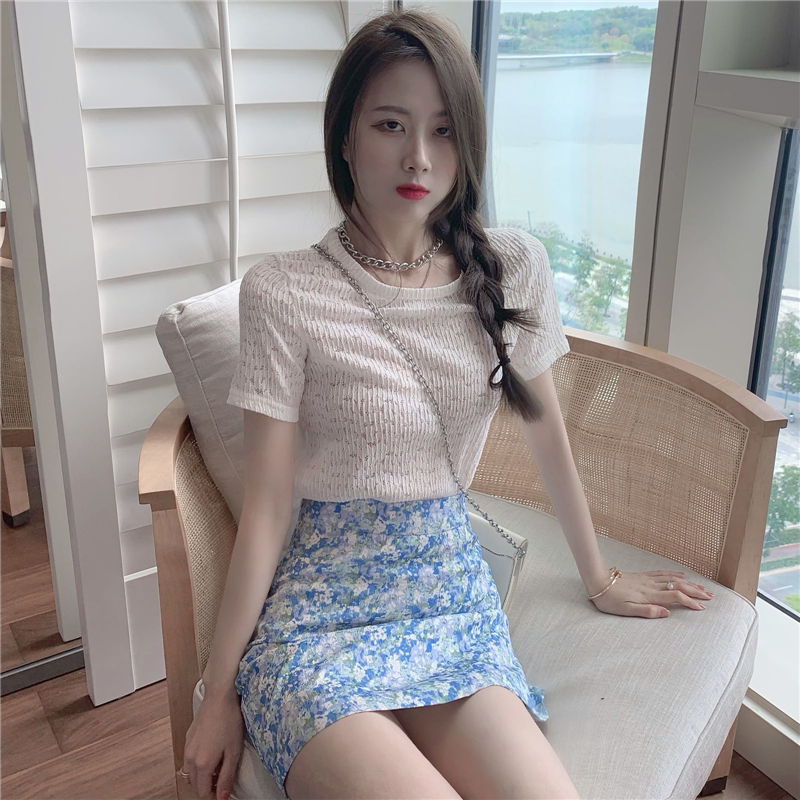 Real price cut-out hook flower stretch lace shirt + A-line skirt