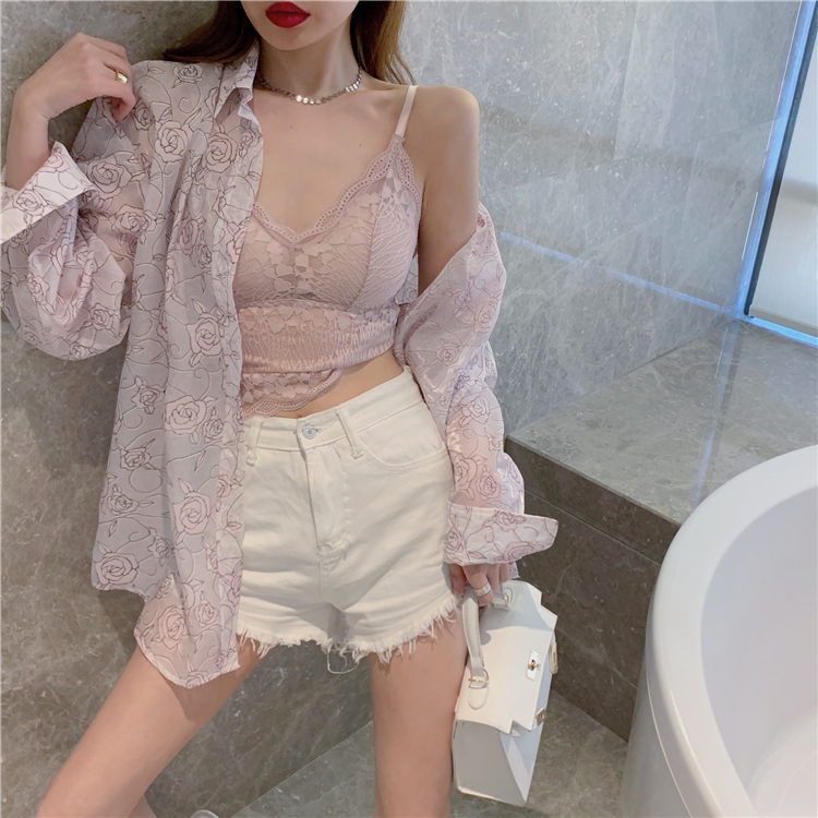 Real price light and thin perspective flower loose sunscreen shirt + beautiful back lace suspender vest