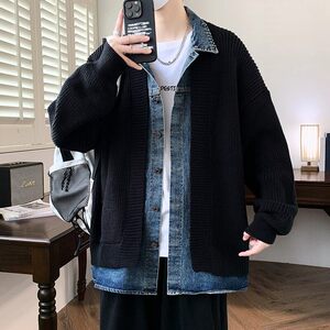84873-特P78港风宽松针织开衫毛衣男外套牛仔拼接假两件外套图片