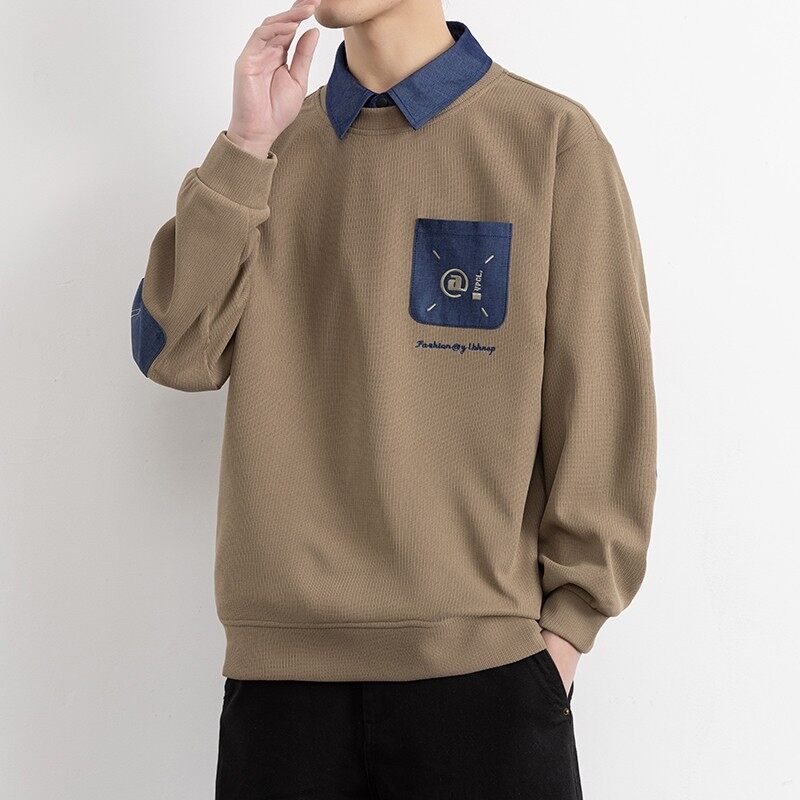 W25211-特P50春季休闲时尚衬衫领假两件卫衣男长袖打底衫,男装卫衣,电商D310（原电商305）