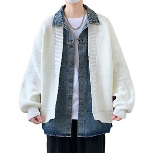 84873-特P78港风宽松针织开衫毛衣男外套牛仔拼接假两件外套图片