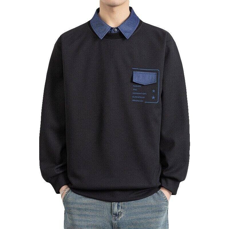 W25215-特P50春季休闲时尚卫衣男长袖打底衫衬衫领假两件外套,男装卫衣,电商D310（原电商305）