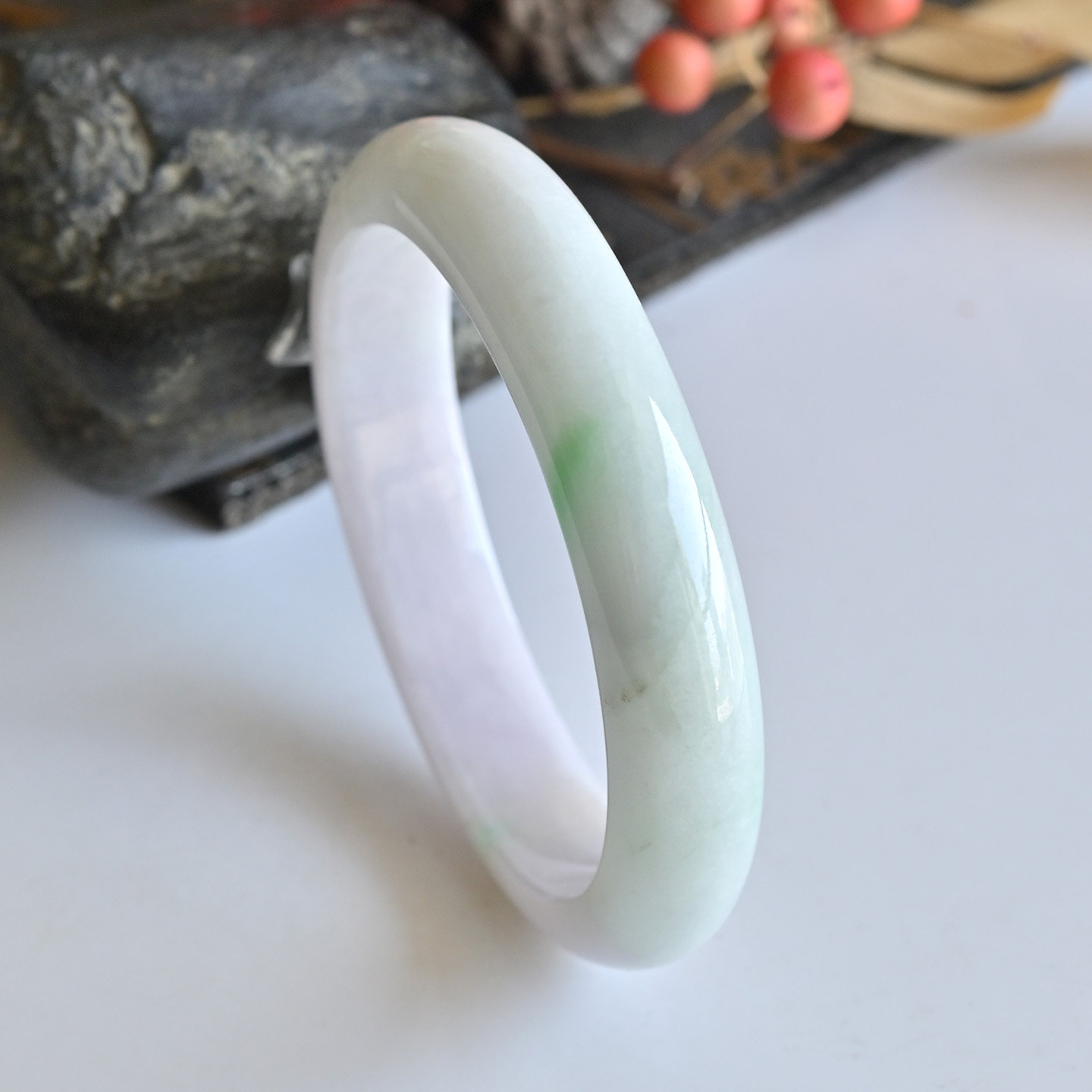 清仓一物一图天然A货翡翠手镯糯种三彩椭圆玉镯子53贵妃镯玉手镯