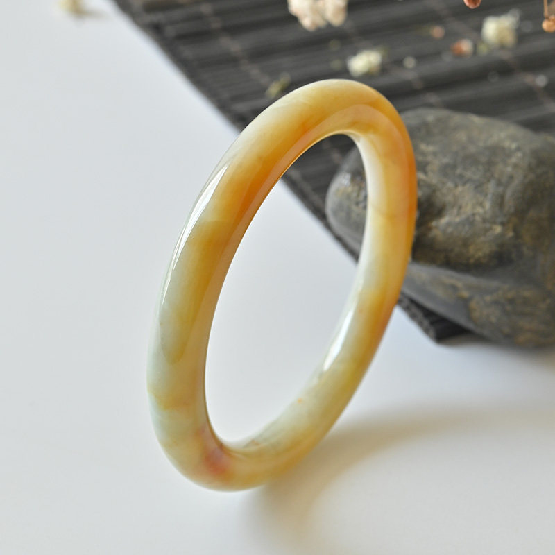 清货天然a货翡翠手镯冰糯种特色黄红翡玉镯子女59缅甸圆条玉镯子