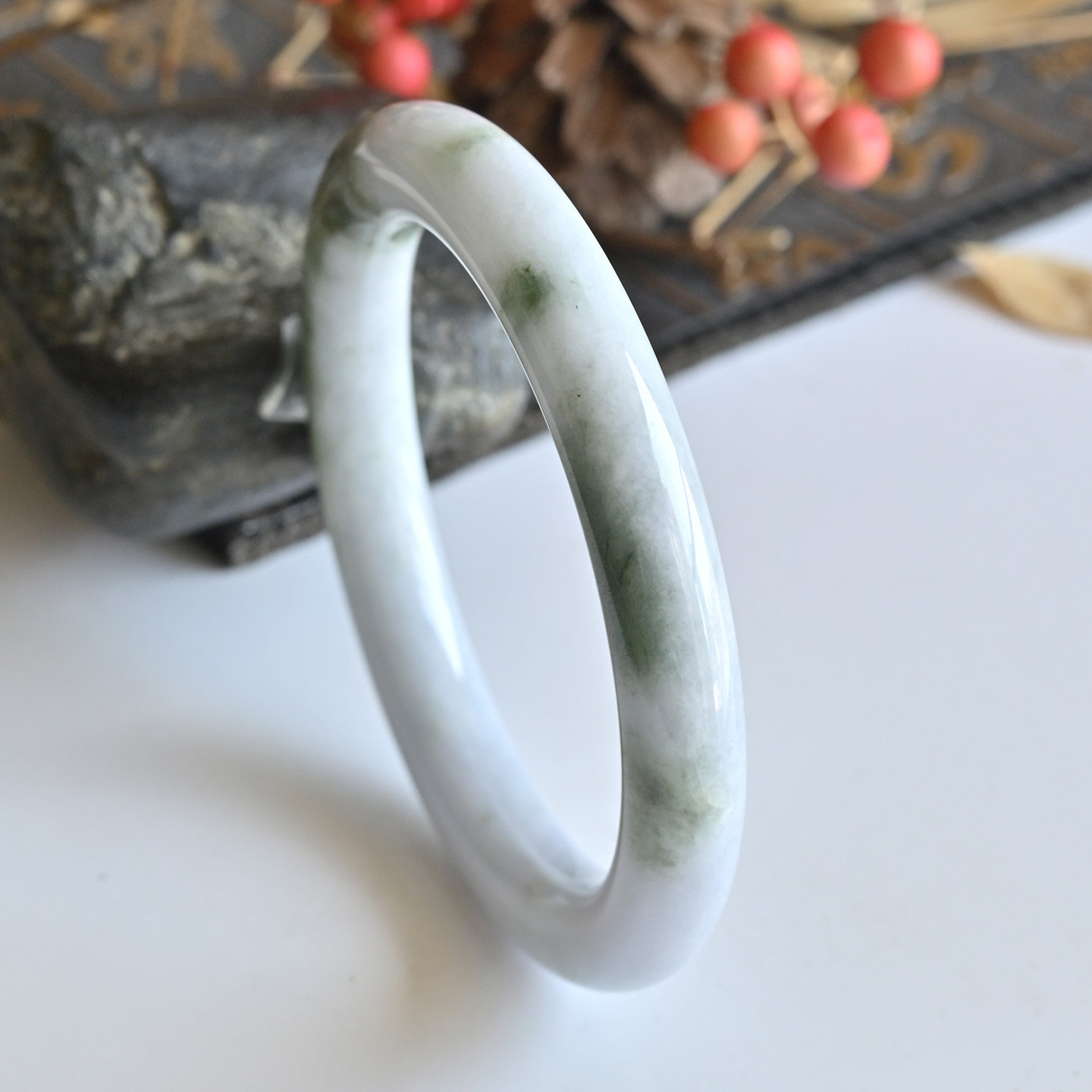 清仓天然A货翡翠手镯冰糯种双彩玉镯子圆条55缅甸玉手镯一物一图