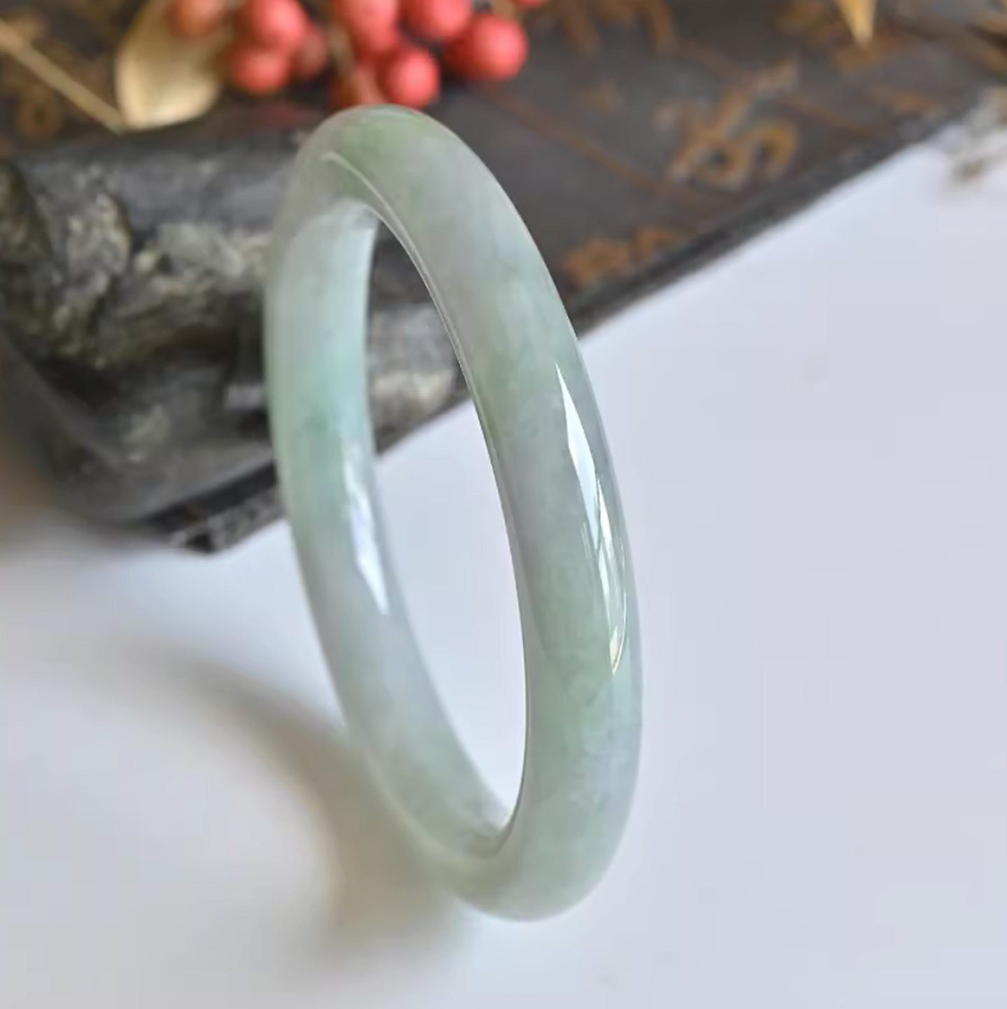 玉泰清仓天然a货翡翠手镯冰种双彩玉镯子女款58缅甸胖圆条玉手镯