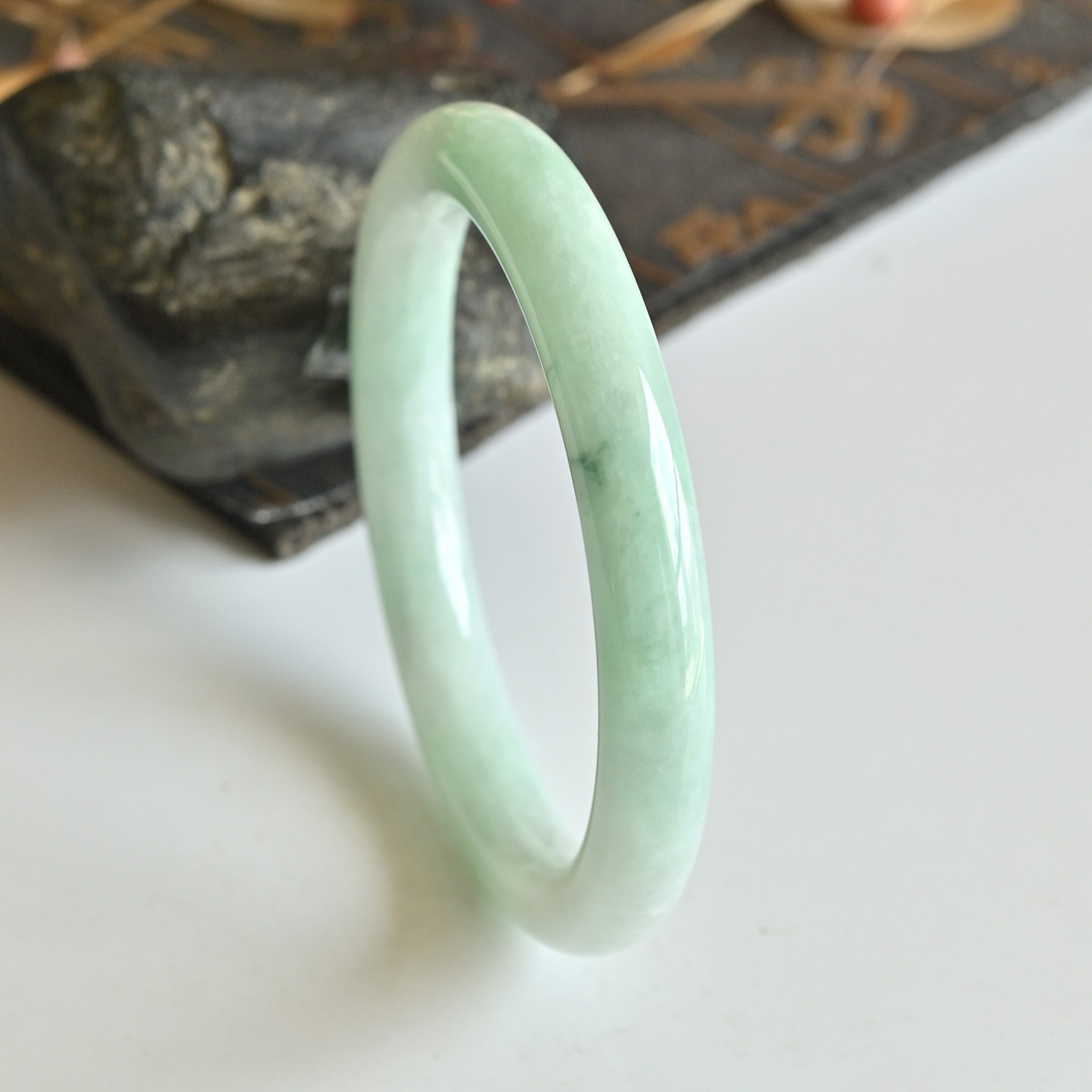 一物一图清仓天然A货翡翠手镯冰糯种玉镯子女54.6缅甸玉手镯圆条
