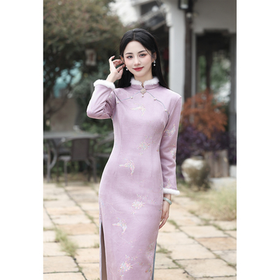 新中式高端大气旗袍紫色长袖