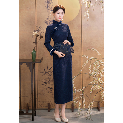 蓝色加绒加厚长袖改良旗袍