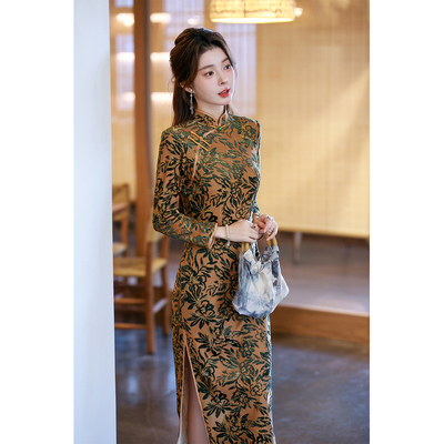 黄色丝绒提花旗袍2025新款