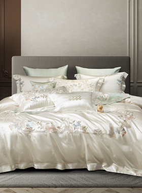 高档轻奢田园新款140S真丝棉长绒棉绣花高级床品四件套亲肤软丝滑