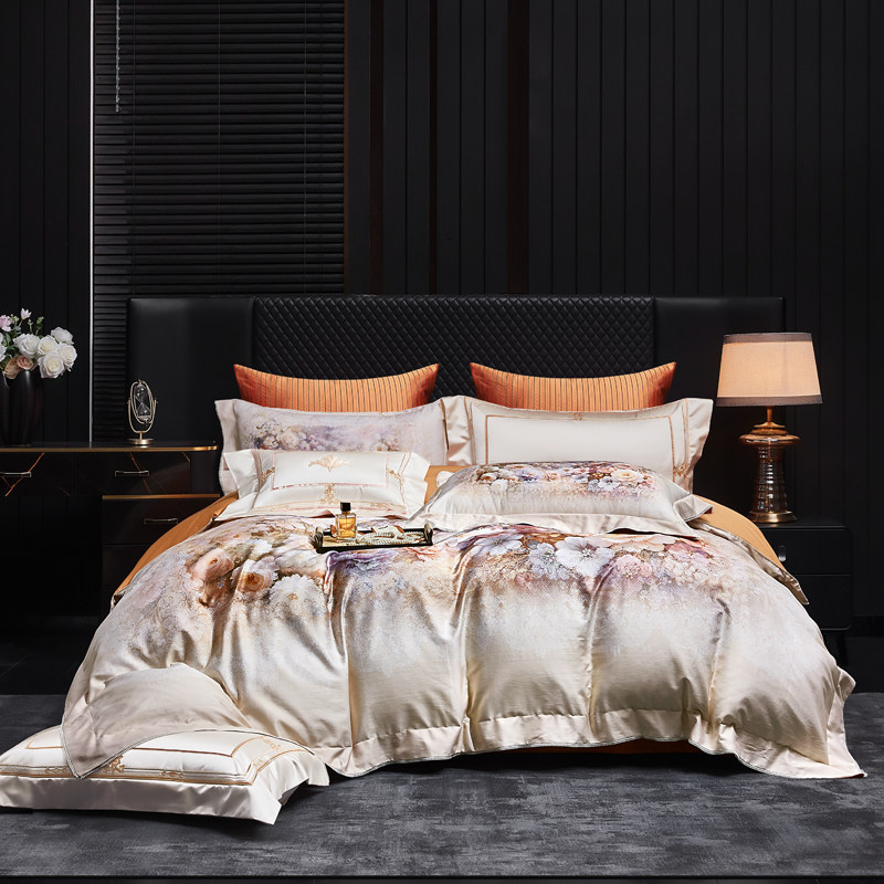 高档轻奢田园新款140S真丝棉长绒棉高级床上用品四件套亲肤软丝滑