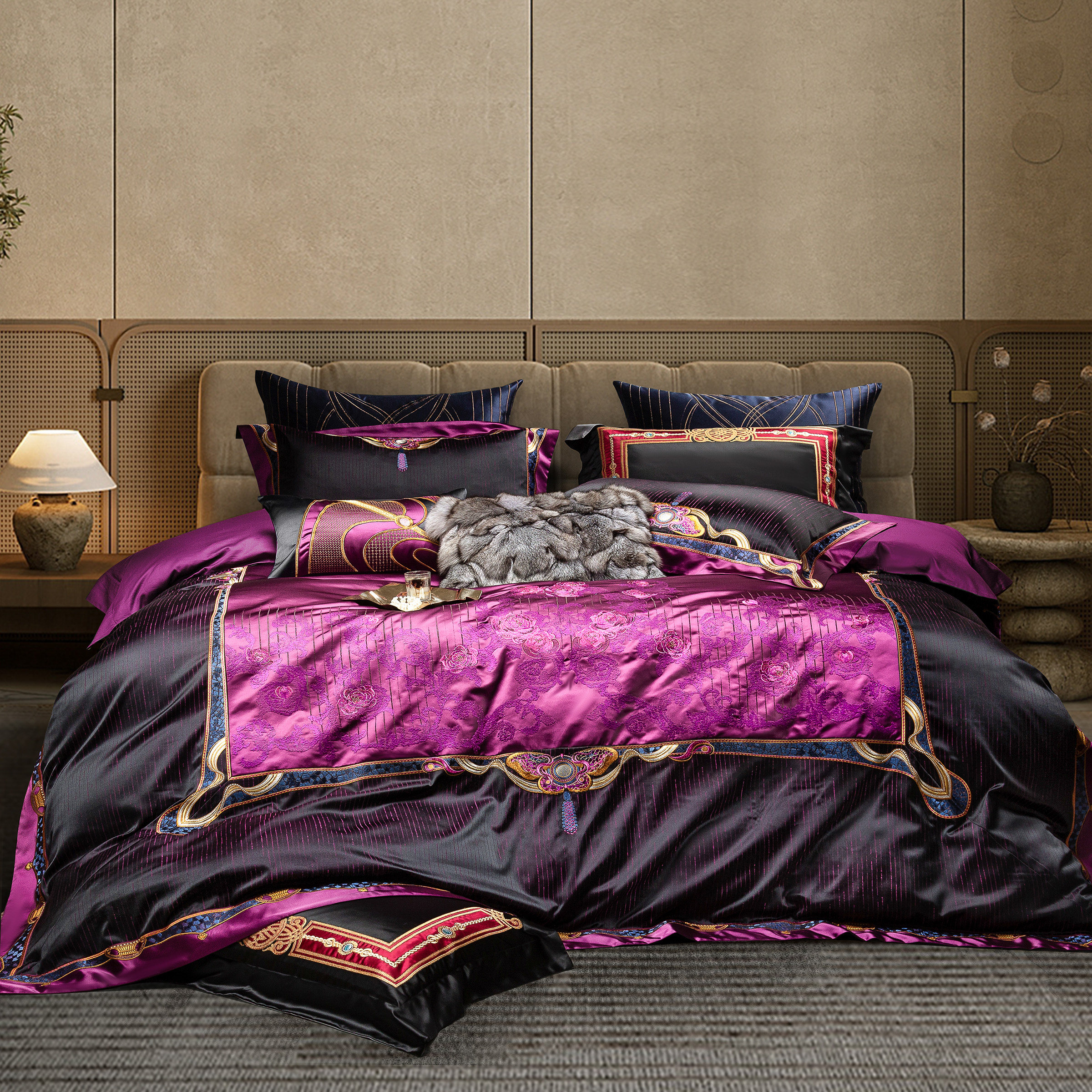 高端欧式真丝绵锦缎四件套贡缎长绒棉被套床单盖豪华别墅床上用品