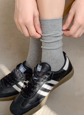 洞洞妖 灰色竖条双针堆堆袜女秋冬中筒棉跑步运动袜网红INS潮长袜