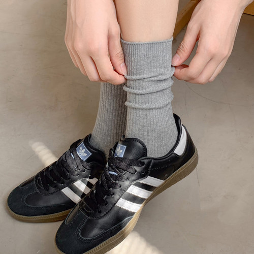 洞洞妖灰色竖条双针堆堆袜女