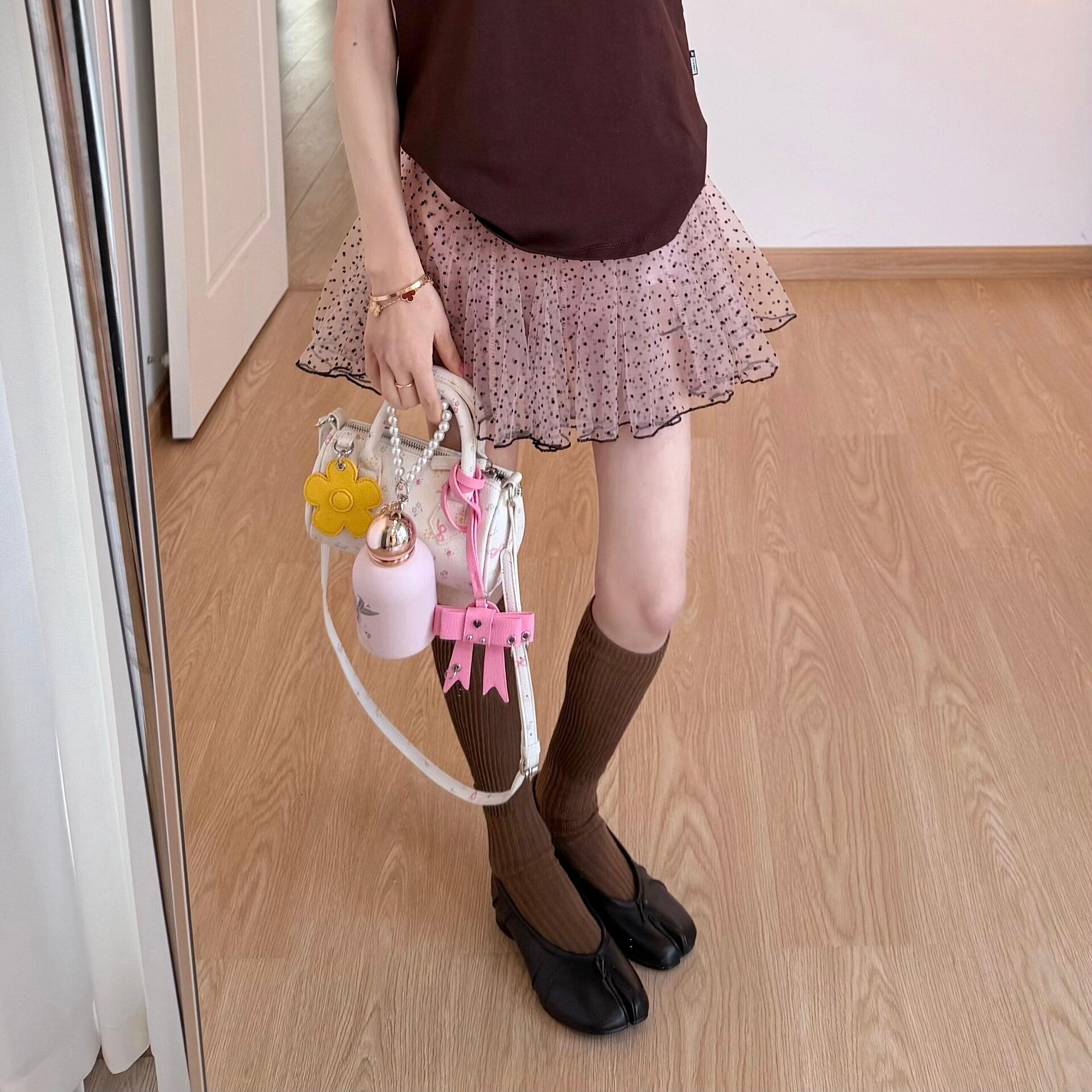 复古棕色竖条纹小腿袜女春秋