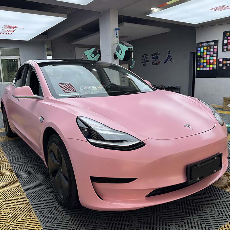 消光康乃馨粉改色膜车膜质保五年广州直营店全车包贴特斯拉施工图