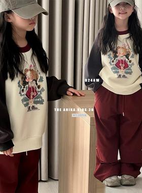 ANIKA2024秋冬新款韩版撞色插肩袖卫衣中大童女孩一体绒上衣3571