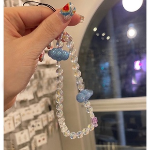 韩国东大门baket新款 手机挂件极光珠珠可爱定制蓝天白云朵手腕绳