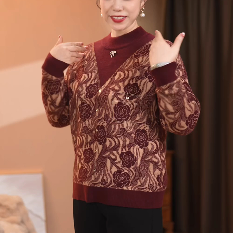 2025新款半高领提花毛衣秋冬拼接中老年女针织打底衫套头内搭上衣