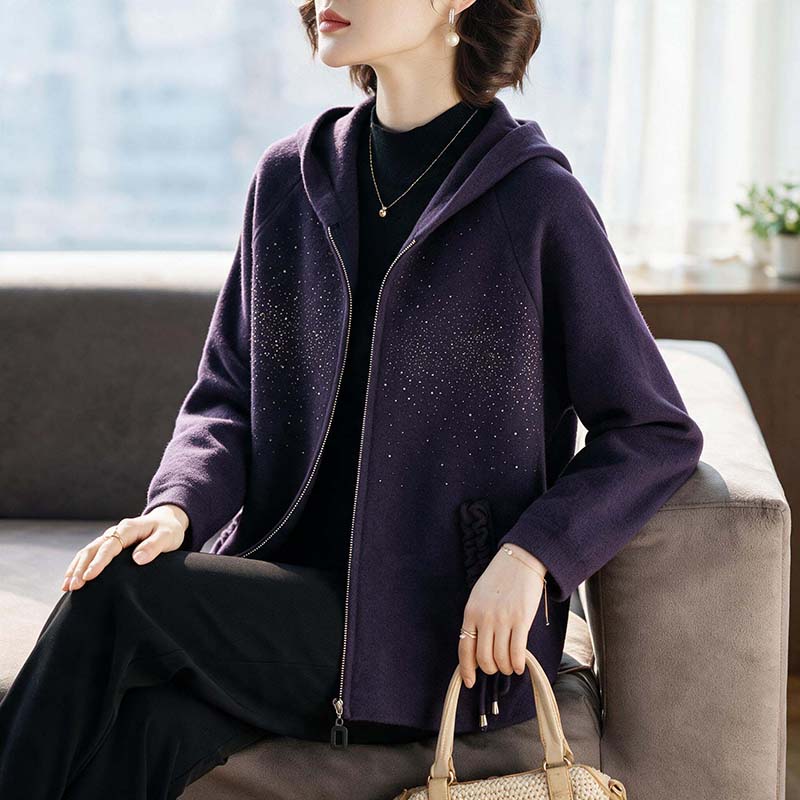 妈妈装春秋针织连帽上衣2026新款中老年女装气质外套时尚毛衣开衫