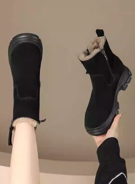 哈森女短靴2024新款磨砂皮加厚防滑保暖真皮厚底羊皮毛一体雪地靴