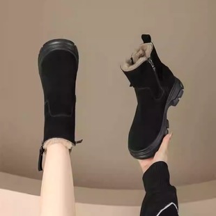 哈森女短靴2024新款 磨砂皮加厚防滑保暖真皮厚底羊皮毛一体雪地靴
