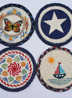 特价地中海男孩蓝色编织黄麻杯垫隔热垫餐垫碗店耐高温沙锅垫家用