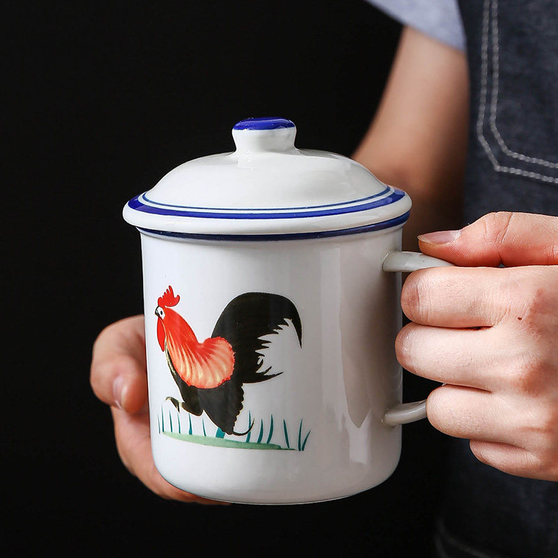 老式仿搪瓷杯怀旧经典 大容量公鸡陶瓷杯子带盖办公室泡茶马克杯,餐饮具,马克杯,淘宝优惠券,粉丝福利购,淘宝优惠卷