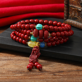 中国风朱砂108颗四圈手链复古民族风貔貅长款 项链佛珠手串女配饰