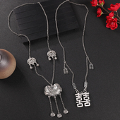 新中式 国风长款 古银项链复古苗银长命锁流苏毛衣链旗袍汉服配饰女