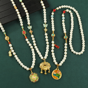 原创新中式珍珠长款项链古法沙金吊坠女国风高级感毛衣链复古配饰