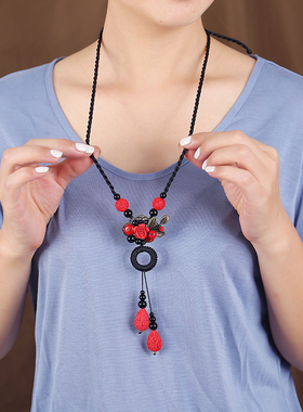 手工复古民族风朱砂花朵项链毛衣链女长款气质古典耳环套装配饰品