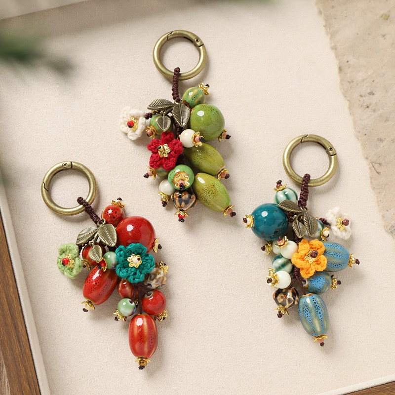 石榴硕果陶瓷包包挂件原创手工编织森系复古钥匙扣文艺新中式挂饰