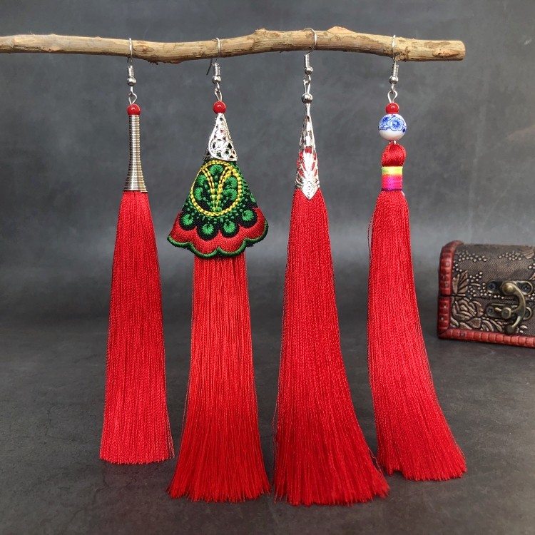 复古民族风流苏耳环女古典气质长款新娘百搭新中式耳坠演出耳饰品