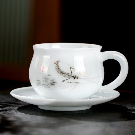 冰种陶瓷小茶杯家用茶具品茗杯喝水泡茶主人杯有耳防烫带把柄碟子