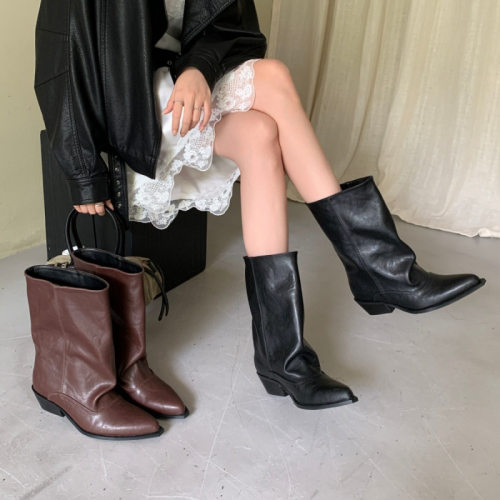 秋冬新款复古粗跟宽筒中筒靴子时尚气质百搭套筒短靴女
