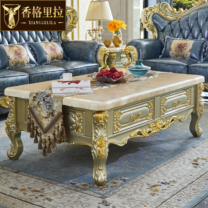 欧式大理石茶几美式别墅奢华实木雕花描金银客厅储物茶桌茶柜定制