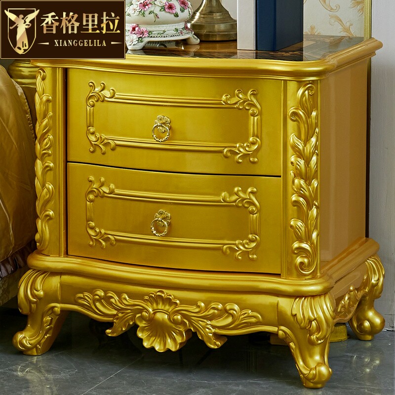 欧式床头柜 全实木雕花宫廷金收纳柜美式卧室描床边柜靠墙储物柜