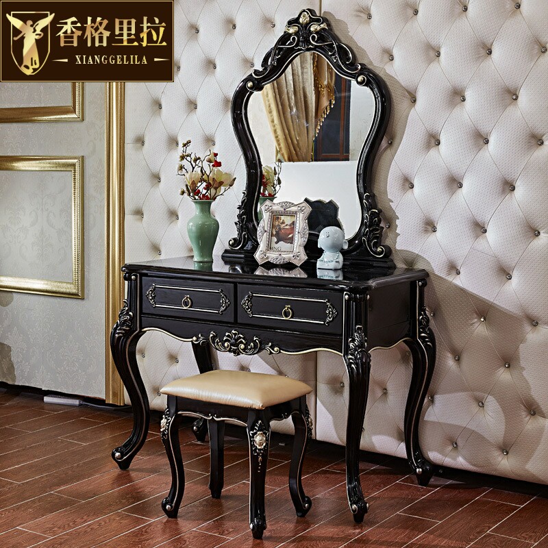 香格里拉 欧式妆台 美式实木雕花化妆台妆凳妆镜组合卧室化妆桌