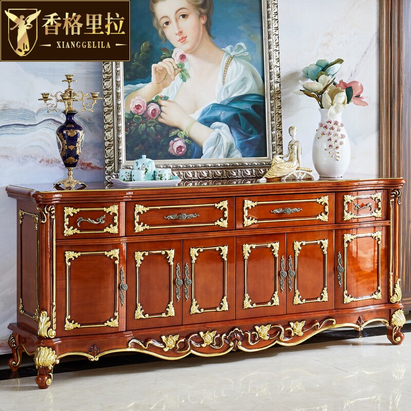 欧式餐边柜 美式别墅奢华餐厅实木储物柜客厅隔断柜香槟金色酒柜