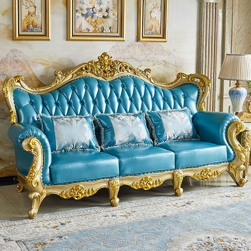 欧式香槟金沙发 美式别墅复古实木雕花真皮沙发客厅蓝色豪华沙发