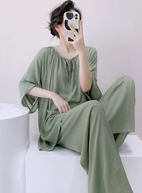 睡衣绵绸女春秋季薄款大码家居服夏天女人造棉绸套装新中式国风